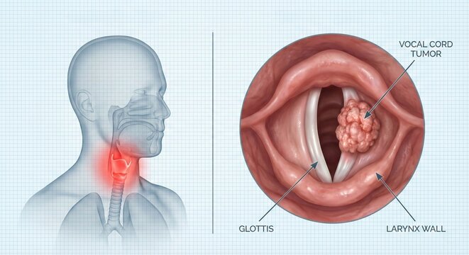 Laryngeal Cancer Illustration with Throat Pain and Vocal Cord Tumor.