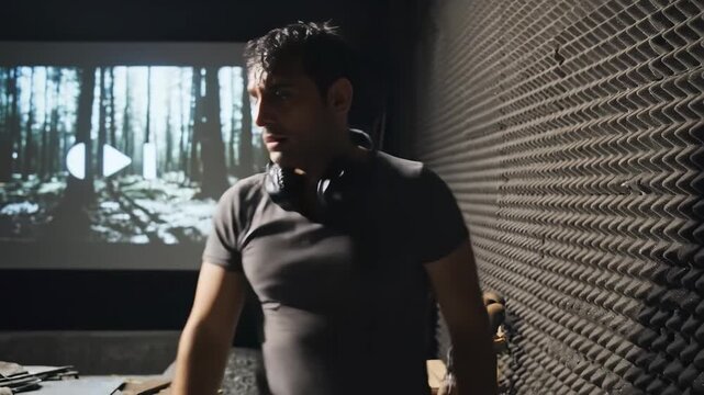 A focused individual stands in a soundproof studio, surrounded by a captivating environment. With a projector displaying an artistic forest scene, deep thoughts swirl as creativity flows.