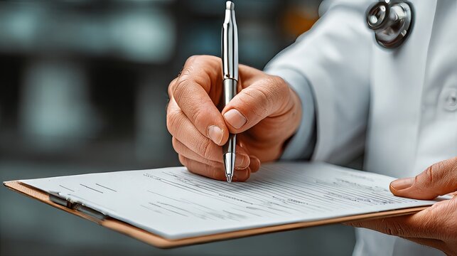 Close-up of a doctor's hand in a white lab coat holding a silver pen and writing on a medical clipboard against a blurred clinical background.Healthcare administration portals, insurance claim blogs