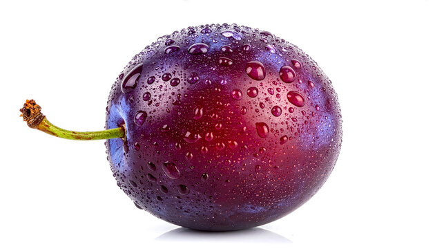 Extreme macro studio shot of a single fresh, ripe purple Damson plum with a green stem, covered in water droplets and isolated on a pure white background