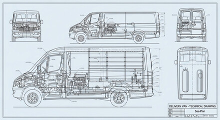 Detailed technical blueprint of a modern cargo van.