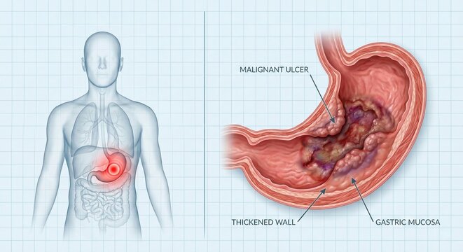 Stomach Cancer and Malignant Ulcer Medical Illustration.