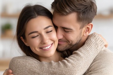 Obraz premium Close-up shot of a happy couple hugging each other with their eyes closed, showcasing a romantic and tender moment of affection and love between partners.