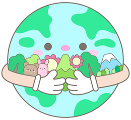 Happy Earth Character Hugging Nature with Mountains Trees Bear and Rabbit for Earth Day Ecology