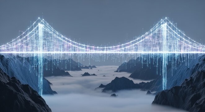 digital illustration of a suspension bridge composed of glowing blue light streams and binary code lines, symbolizing connectivity and data transfer