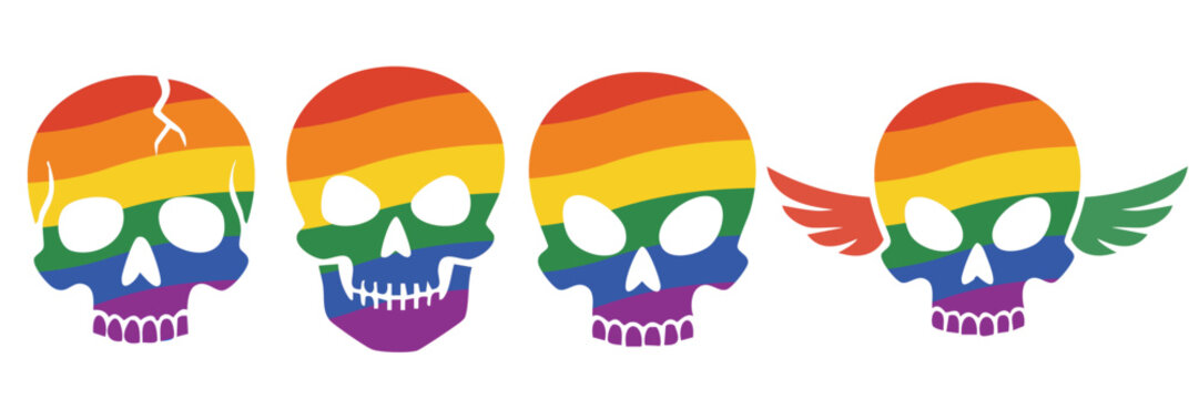 group of human skull silhouettes with rainbow pride flag colors and wings