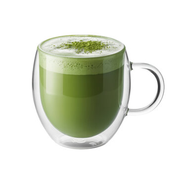 Green matcha latte in glass mug drink isolated on a transparent background
