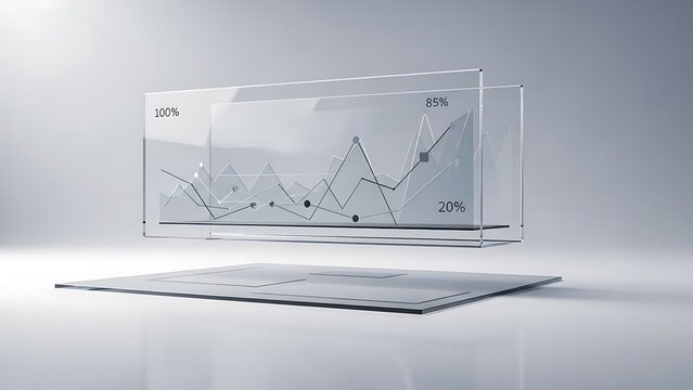 Futuristic transparent screen displaying dynamic business data graphs