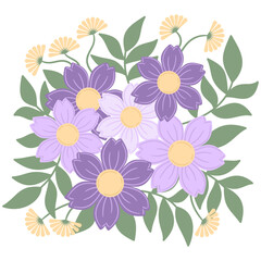 Purple flower bouquet lavender daisy floral arrangement spring blossom green leaf pastel yellow center flower bouquet lavender daisy floral blossom leaf pastel spring petal center round center