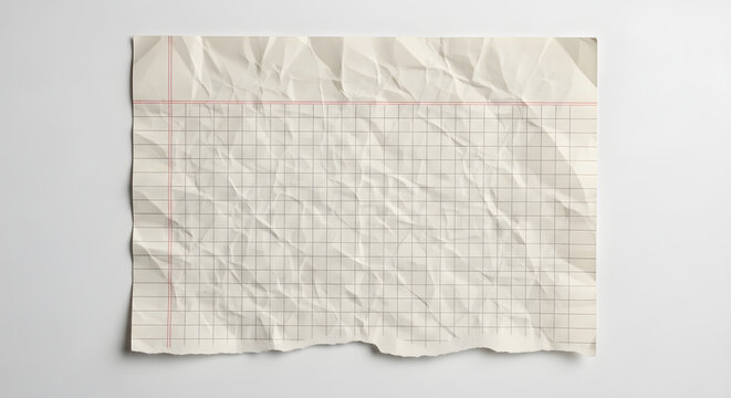 crumpled graph paper sheet with torn edge and grid pattern on white background surface