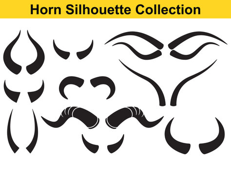 Horns silhouette collection with black curved shapes and bull devil horn icons, tribal style vector elements for logo design, mascot branding, tattoo art and stickers