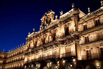 Illuminated building in Salamanca's mayor plaza at night.. Plaza Mayor of Salamanca at night, Spain © Outsiderzone