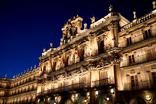 Illuminated building in Salamanca's mayor plaza at night.. Plaza Mayor of Salamanca at night, Spain