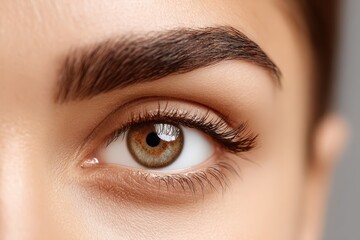 Obraz premium A close-up of a hazel eye with long lashes and a well-groomed eyebrow, showcasing natural beauty and healthy skin on a youthful face, studio shot, beauty concept.