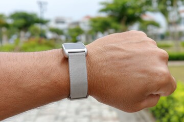 Close-up shot of a man's wrist with a modern smartwatch, showcasing its sleek design and gray woven band, against a blurred background of green trees and urban elements.