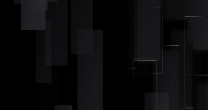 Seamless loop of dark abstract geometric background with floating square shapes and thin lines. Minimal corporate motion design with soft depth, smooth transitions and subtle light movement. Elegant m