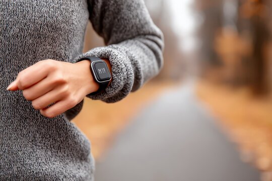 Close up of a woman checking her smart watch on a blurred autumn foliage background in a park, showing a modern design and promoting a healthy lifestyle.
