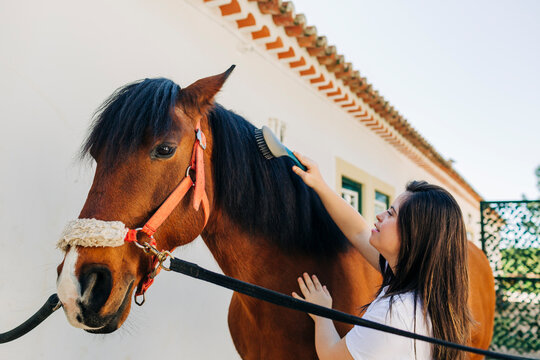 Teenager with down syndrome taking care of horse and preparing horse to ride