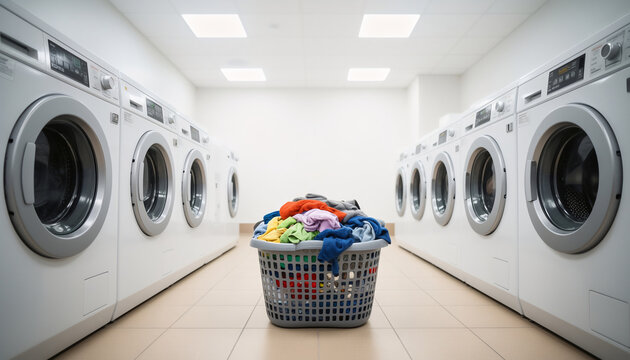 Laundromat with a Basket of Colorful Laundry