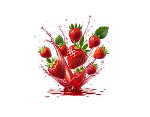 A burst of strawberries and juice with leaves on a black background