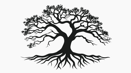 Obraz premium Silhouette of a majestic tree with root system isolated on white background