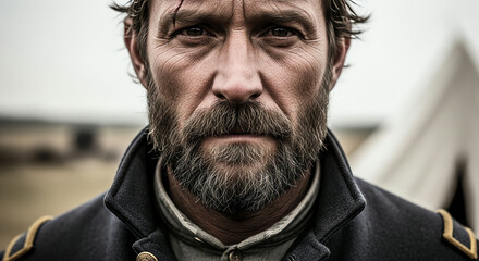 Serious Man in Civil War Uniform, Close-up Portrait, Soldier Photography