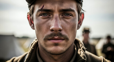 Young Soldier Portrait, Intense Gaze, Battle Scar, Military Uniform, World War I Era
