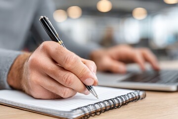 A man writing notes in a notebook with a pen while using a laptop computer, showcasing business planning, study and creativity in a modern working environment.
