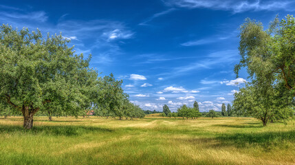 Obraz premium A serene landscape of a green field with trees under a blue sky