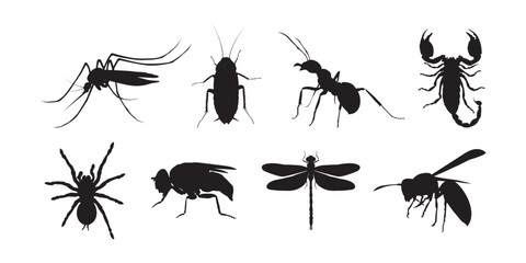 Vector illustration of insect and spider silhouette set featuring mosquitoes, ants, spiders, scorpions and flying insects. © colorfun