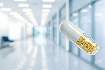 a white gold pill floating on hospital background