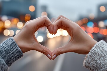 A woman's hands forming a heart shape against the backdrop of city lights at dusk, conveying love and warmth in an urban setting with a blurred background.