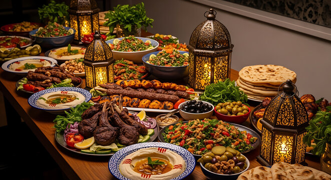 A lavish spread of middle eastern cuisine displayed on a long table.