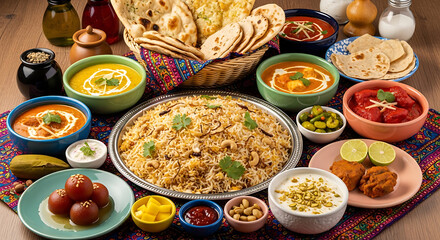 A vibrant and colorful spread of indian cuisine with various dishes and breads.
