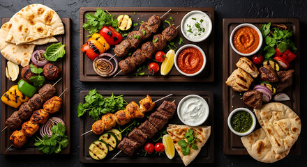 A vibrant assortment of grilled meats and fresh vegetables on a rustic wooden table