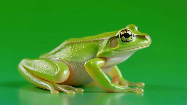 A vibrant green Glass frog sits perfectly still, observing its surroundings on a solid green background.