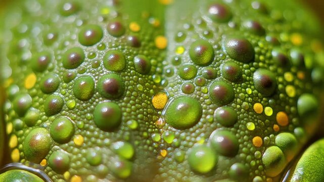 The vibrant green skin of a glass frog glistens with an abundance of tiny water droplets, revealing its unique textured surface.