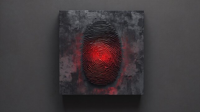 A striking black fingerprint impression against a textured dark background, illuminated by vibrant red light, creating a dramatic effect.