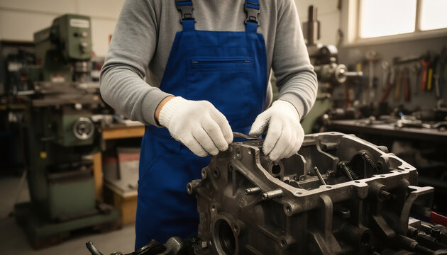 Mechanic's hands working on an engine in a busy workshop