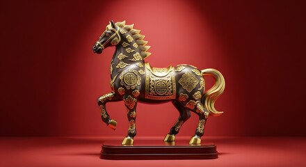 Elegant ornate Chinese horse statue on red background