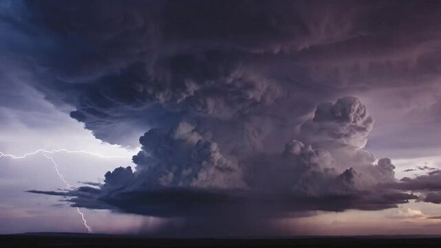 Epic supercell thunderstorm with stunning lightning strikes across a vast dark sky landscape with dramatic clouds