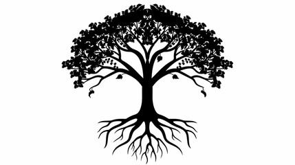 Silhouette of a large tree with roots and foliage against white background