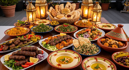 A vibrant spread of traditional middle eastern dishes on a table.