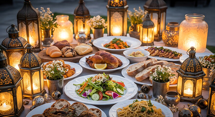 A vibrant and diverse spread of middle eastern dishes with lanterns.