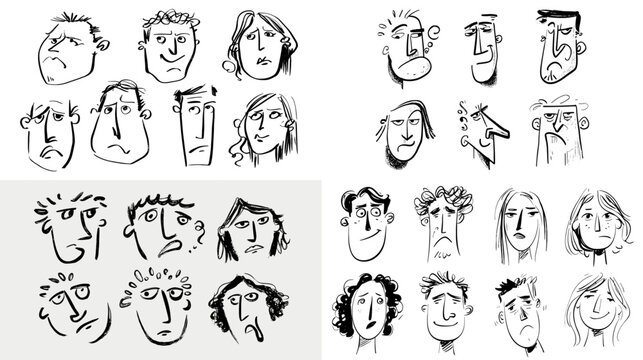 Hand drawn expressive faces doodle set with funny emotions. Black ink sketch portraits for comics, character design, stickers and creative illustration projects.