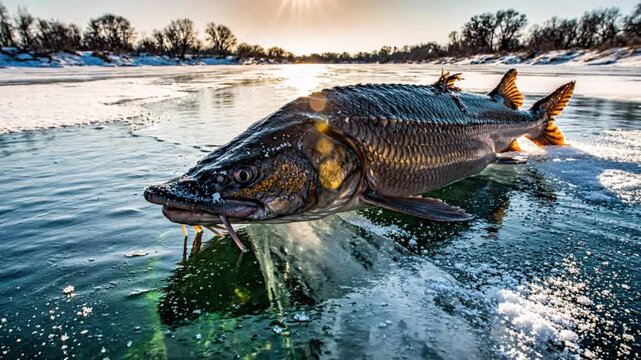 Large sturgeon fish resting on icy surface of partially frozen river water with sun reflection and background of trees