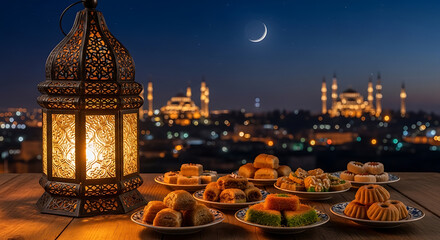 A beautifully lit lantern in the foreground with a cityscape of mosques and buildings in the background.