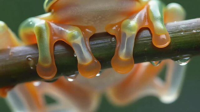 A fascinating Glass frog clings firmly to a wet branch, showcasing its remarkable translucent feet with hanging water droplets.