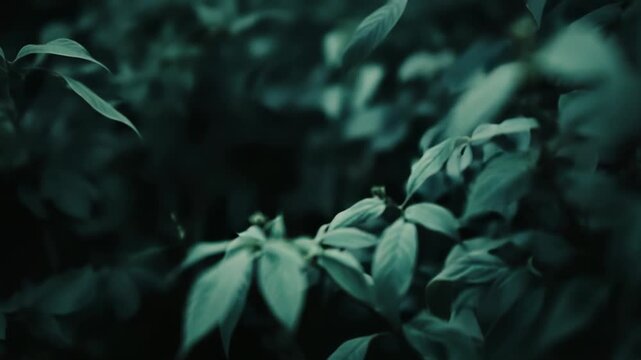 Lush green leaves with fresh buds are thriving in a dark and moody forest environment, creating a natural background with soft bokeh and shallow depth of field