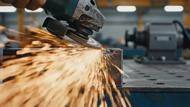 Sparks Fly as Angle Grinder Cuts through Metal Block on Workshop Table, Close Up Shot